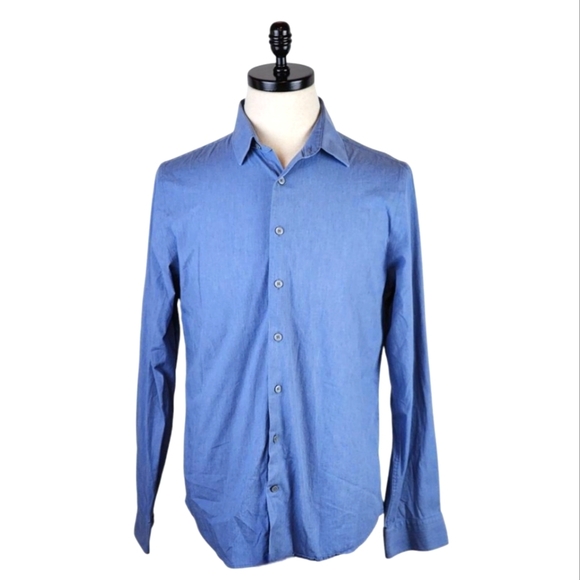 Express 1MX Fitted Button Down Shirt Blue Stretch M 15-15.5 Business Casual - Picture 1 of 6